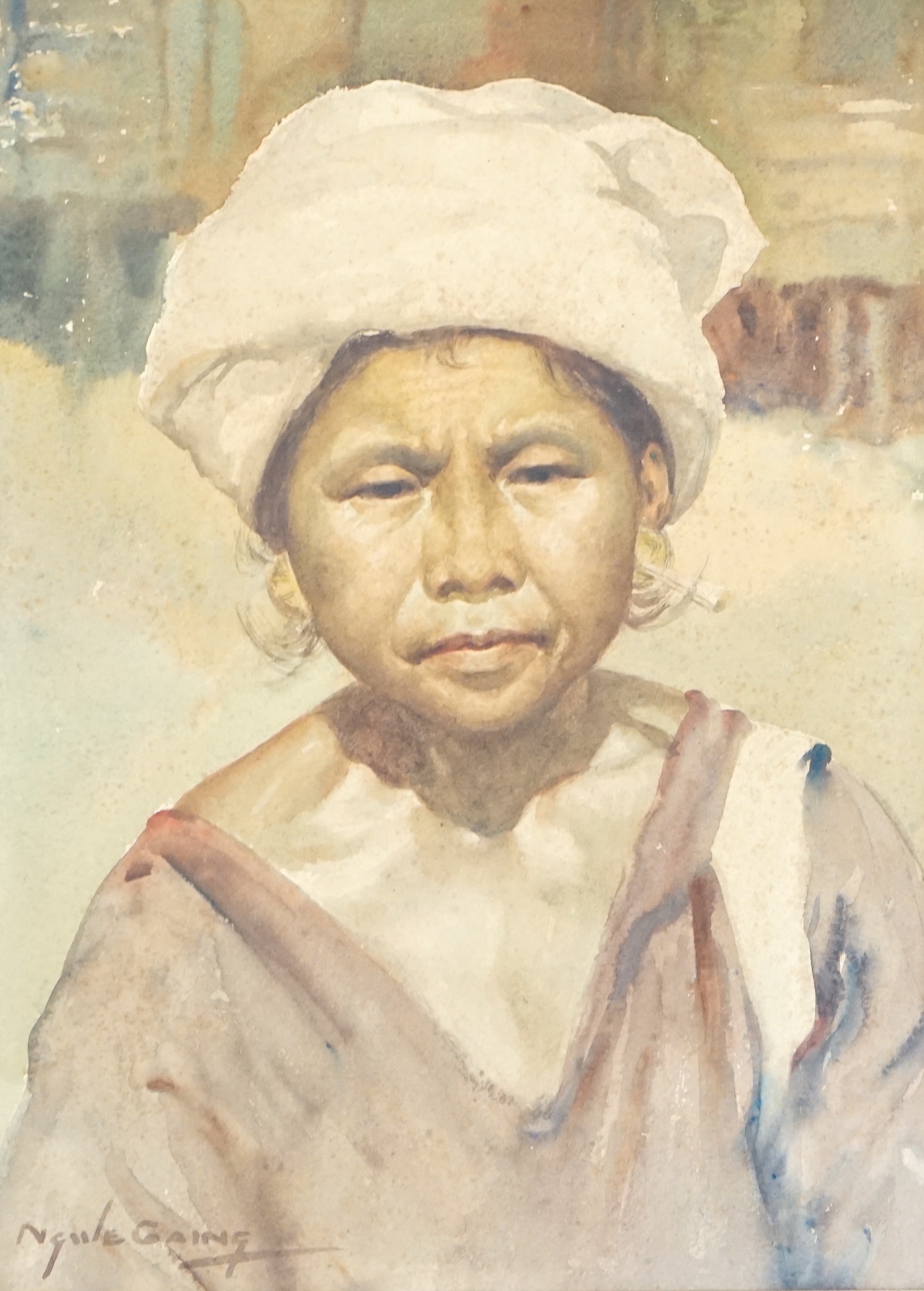 Ngwe Gaing (Burmese 1901-1967), Portrait of a woman wearing a white hat, watercolour on paper, 38 x 27cm